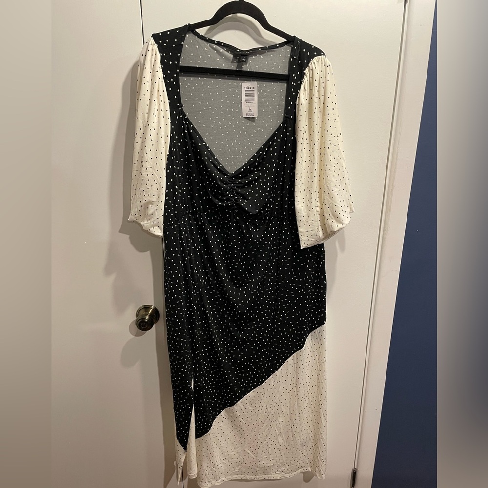 Torrid Black and Cream Asymmetrical Polka Dot Dress